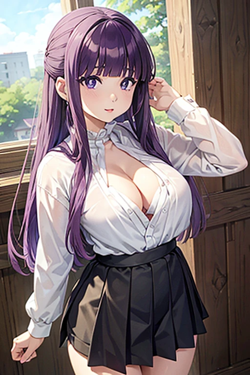 Fern, Long Hair, bangs, (Purple eyes:1.1), Purple Hair, Side Lock, blunt bangs, (Bright Eyes:1.5), Half Up,Big breast,BREAK, 
((masterpiece, best quality:1.3)), ultra detailed, 1young adult,((young adult face:1.2)) , ahegao, tongue out, Spittle,(petite body:1.4),(thin waist:1.5), ((white shirt with a wide neckline )),((black school mini skirt )),(cleavage:1.5),(accessories, makeup pink,earrings),lift skirt, pink panties, looking at viewer, facing the viewer,full-face blush , full body,