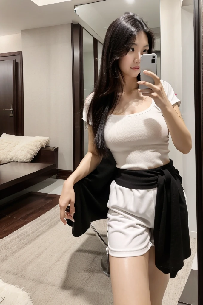 Selfie photos，Mobile phone mirror selfie，indoor，Inside the room，A beautiful beautiful Asian woman，Realistic fair skin color，156 cm，46KG,34C cupz Her long hair is loose and lazy，Wearing a close-fitting white low-cut short-sleeved top，black shorts:1.2，