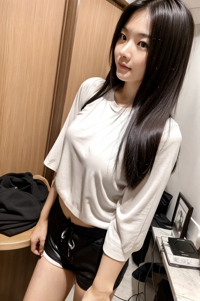 Selfie photos，Mobile phone mirror selfie，indoor，Inside the room，A beautiful beautiful Asian woman，Realistic fair skin color，156 cm，46KG,34C cupz Her long hair is loose and lazy，Wearing a close-fitting white low-cut short-sleeved top，black shorts:1.2，