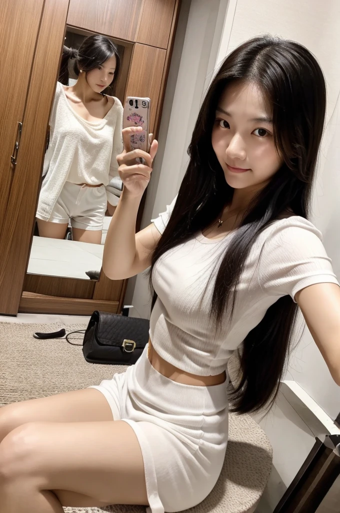 Selfie photos，Mobile phone mirror selfie，indoor，Inside the room，A beautiful beautiful Asian woman，Realistic fair skin color，156 cm，46KG,34C cupz Her long hair is loose and lazy，Wearing a close-fitting white low-cut short-sleeved top，black shorts:1.2，