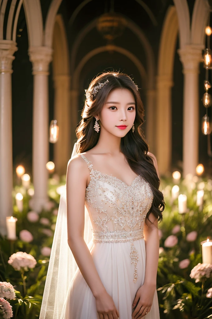 Generate an image of an extraordinarily beautiful 20-year-old Asian woman standing alone, whose beauty rivals that of a goddess of the fire element. She has large brown eyes, dark brown hair, glowing skin, and a captivating appearance. She is wearing a stunning white wedding dress that accentuates her elegance. The woman stands charmingly alone, her beauty appearing as if blessed by nature, in a very romantic and lovely aisle adorned with flowers and soft lighting, exuding a magical and serene atmosphere.