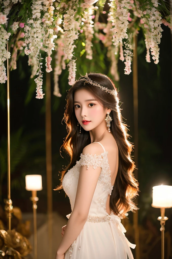 Generate an image of an extraordinarily beautiful 20-year-old Asian woman standing alone, whose beauty rivals that of a goddess of the fire element. She has large brown eyes, dark brown hair, glowing skin, and a captivating appearance. She is wearing a stunning white wedding dress that accentuates her elegance. The woman stands charmingly alone, her beauty appearing as if blessed by nature, in a very romantic and lovely aisle adorned with flowers and soft lighting, exuding a magical and serene atmosphere.