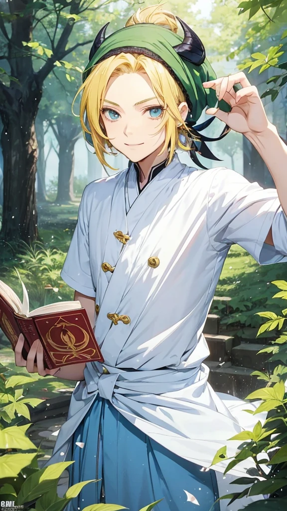 Anime boy with a book in his hand and wearing a hat, Handsome blond-haired man in demon-slaying art, green turban ,smile at the corner of the mouth , แฟนอาร์ต Demon Slayer Rui, official art, Delicate Androgynous Prince, Tall anime guy with blue eyes., Demon Slayer art style, anime moe art style, anime boy, beautiful androgynous prince, As an anime character, anime boy, Rei Hiroe