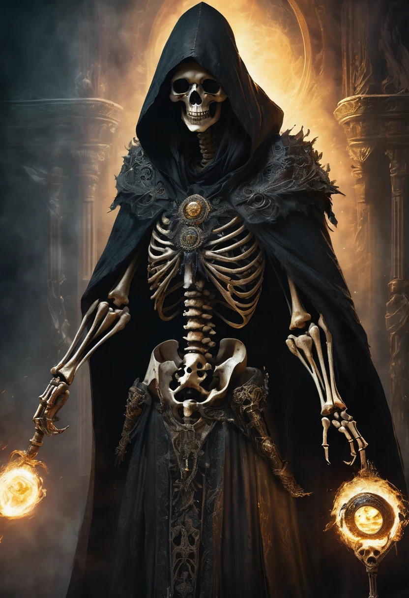 a ancient skeletal necromancer, tattered cloak with hood, magical bone spear, eyeball encrusted medallion, dark fantasy, detailed skeletal features, intricate robes, emitting dark energy, moody lighting, cinematic composition, dramatic shadows, rich textures, supernatural atmosphere, concept art, masterpiece, 8k, ultra-detailed.
