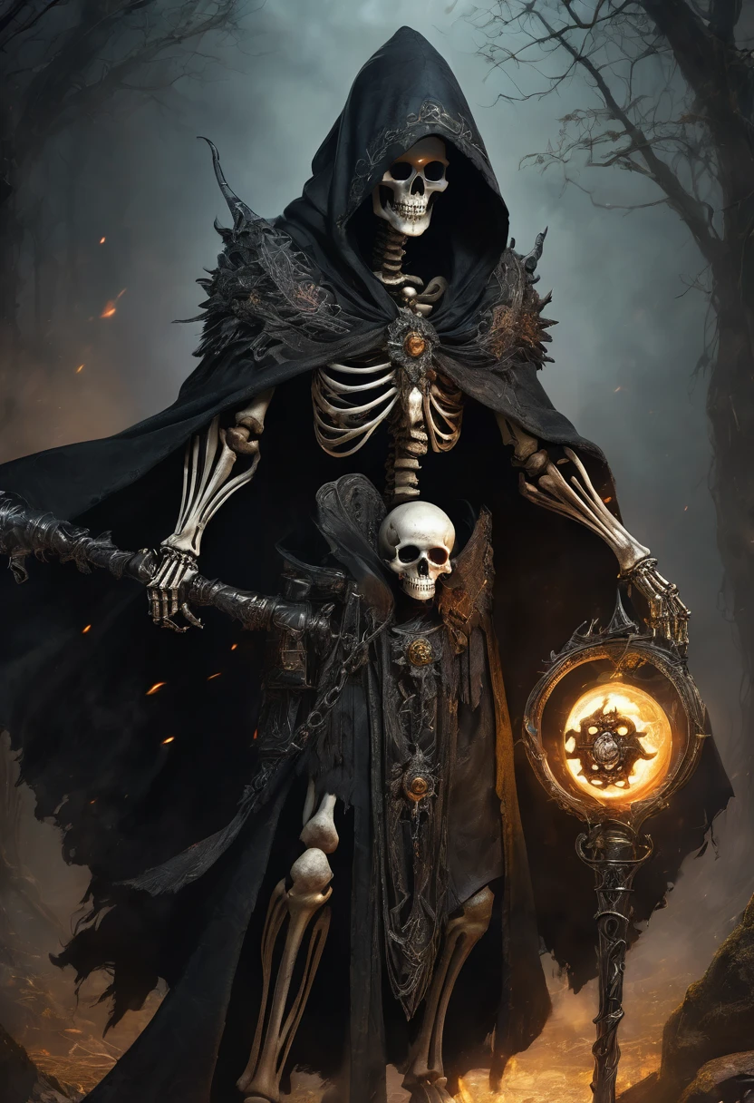 a ancient skeletal necromancer, tattered cloak with hood, magical bone spear, eyeball encrusted medallion, dark fantasy, detailed skeletal features, intricate robes, emitting dark energy, moody lighting, cinematic composition, dramatic shadows, rich textures, supernatural atmosphere, concept art, masterpiece, 8k, ultra-detailed.