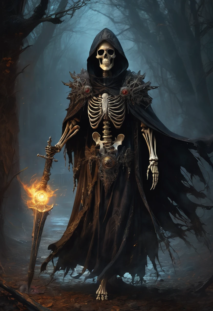 a ancient skeletal necromancer, tattered cloak with hood, magical bone spear, eyeball encrusted medallion, dark fantasy, detailed skeletal features, intricate robes, emitting dark energy, moody lighting, cinematic composition, dramatic shadows, rich textures, supernatural atmosphere, concept art, masterpiece, 8k, ultra-detailed.