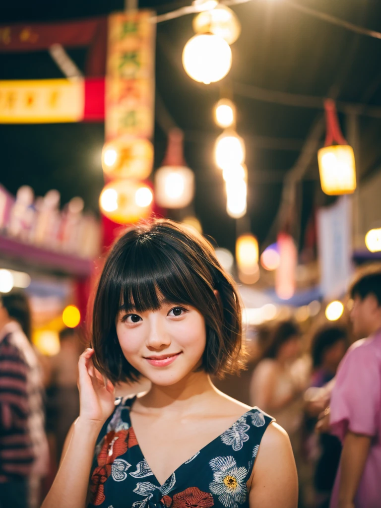 Image quality:best quality
Camera Focus: blur background
light:Side light
composition:Composition of thirds、Looking at the camera person:20 years old woman,Japanese,actress
pose: Fun background: stall、festival、night
hairdo: Short Bob、With bangs
Dress:Yukata expression: happy