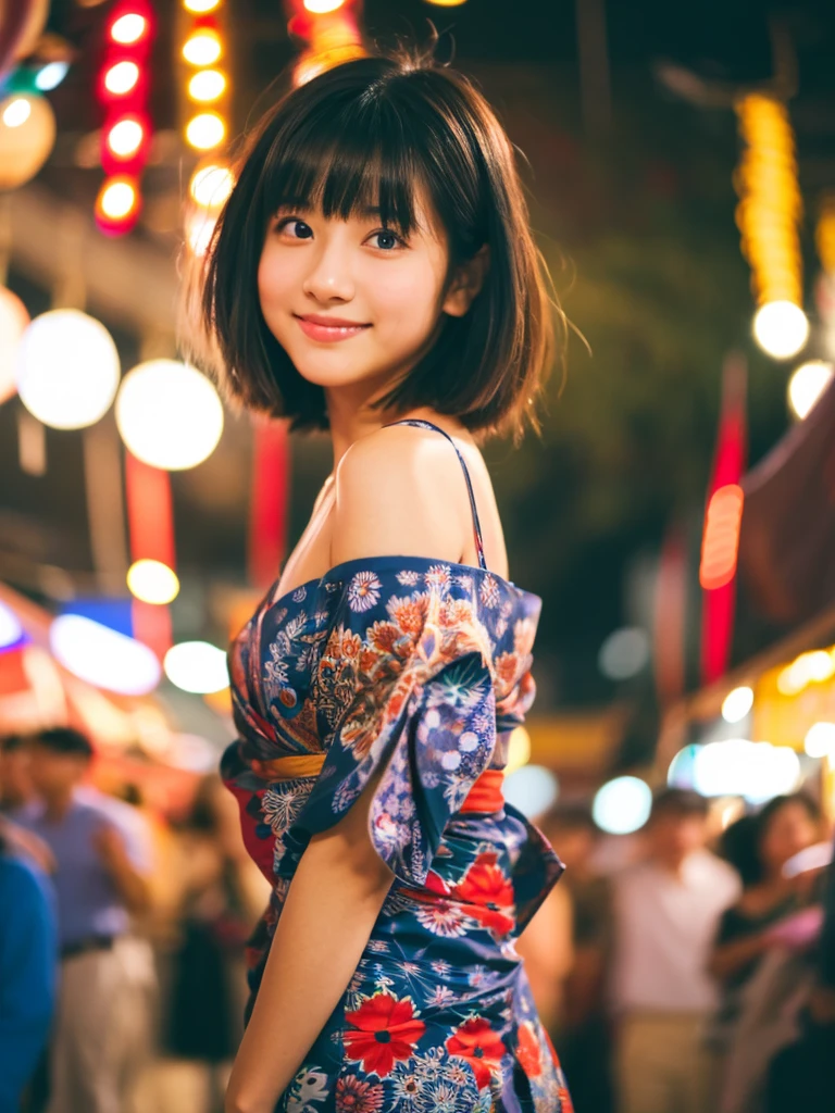 Image quality:best quality
Camera Focus: blur background
light:Side light
composition:Composition of thirds、Looking at the camera person:20 years old woman,Japanese,actress
pose: Fun background: stall、festival、night
hairdo: Short Bob、With bangs
Dress:Yukata expression: happy