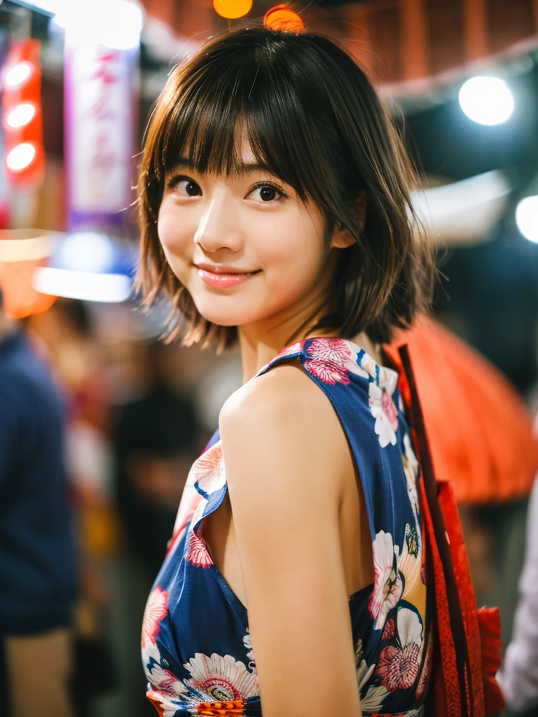 Image quality:best quality
Camera Focus: blur background
light:Side light
composition:Composition of thirds、Looking at the camera person:20 years old woman,Japanese,actress
pose: Fun background: stall、festival、night
hairdo: Short Bob、With bangs
Dress:Yukata expression: happy