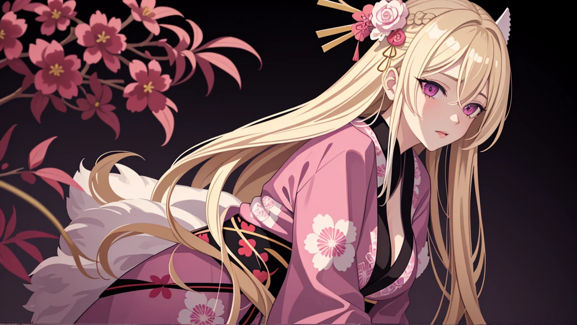 adult woman, pink eyes, long blonde hair, sexy kimono