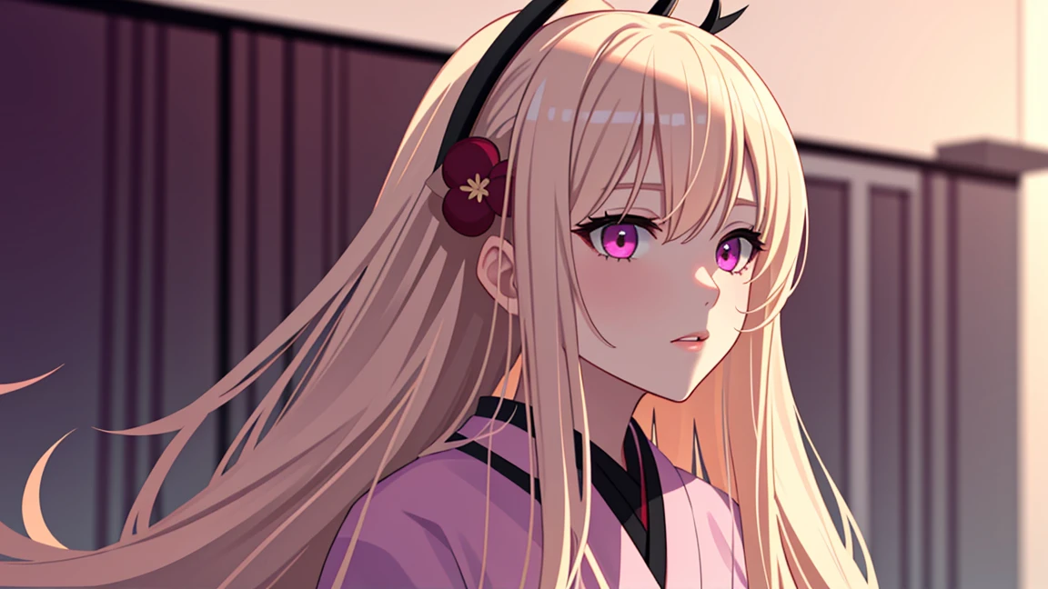 adult woman, pink eyes, long blonde hair, sexy kimono