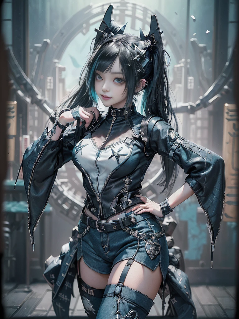 (Full body view:1.4)、(Full Body View:1.4)、(Side view:1.1)、(Smiling with teeth showing:1.3),(Shibuya Gal:1.5)、(Maid café clerk:1.5)、(Punk RockVisual Kei:1.4)、(Turquoise, navy and denim medieval noble zip up:1.5)、(Navy and white arm covers and bugle pants:1.5)、(Blue high heels:1.3)、(Wearing silver accessories:1.5)、(Dark brown collar:1.4)、(Leather garter belt:1.4)、(Brown Skin Belt:1.3)、(Black lace underwear:1.5)、20-year-old、NSFW、((Highest quality、In 8K、masterpiece:1.3))、Sharp focus:1.2、(Layered Cut、Huge boobs:1.1),Beautiful woman with perfect figure:1.4、(Doing an aerobics pose:1.3)、Slender Abs:1.2、Highly detailed face and skin texture、Detailed eyes、double eyelid,(Twin tails:1.3)、(Black Hair:1.3)、Gravure idol、(A fairytale-like cafe with a lush tree background:1.3)、(Slim body:1.3),(Make your legs thinner:1.4),(Thin, thin thighs:1.3)、(clavicle:1.1)