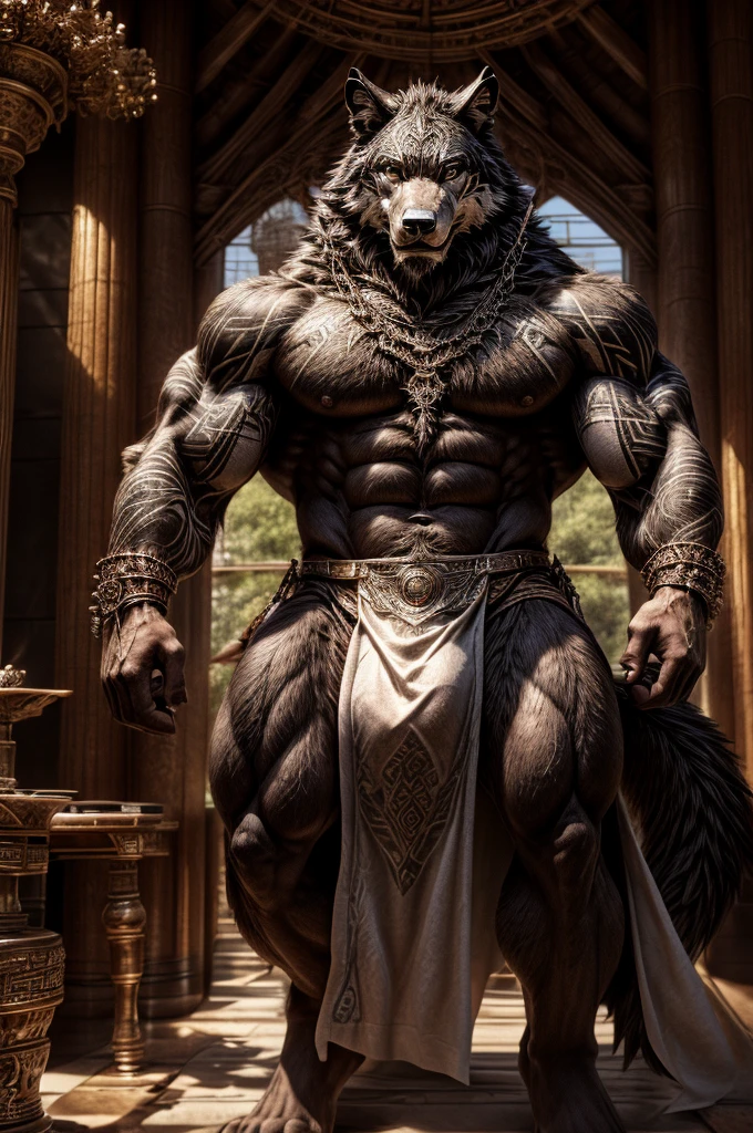 male, semen, black wolf, (furry body,) black body, high quality, realistic, muscular, massive, shrine, sacred, white tattoo, furry, masterpiece, (full nude, Stick out penis., Luxurious loincloth, Luxury accessories, erection under cloth,) divine,
