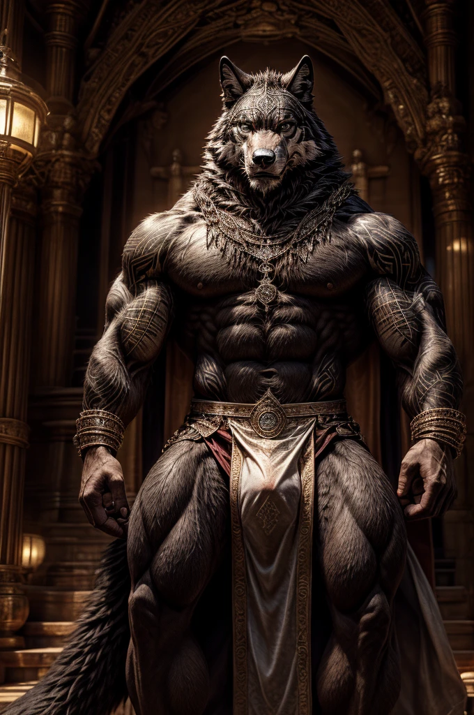 male, semen, black wolf, (furry body,) black body, high quality, realistic, muscular, massive, shrine, sacred, white tattoo, furry, masterpiece, (full nude, Stick out penis., Luxurious loincloth, Luxury accessories, erection under cloth,) divine, 