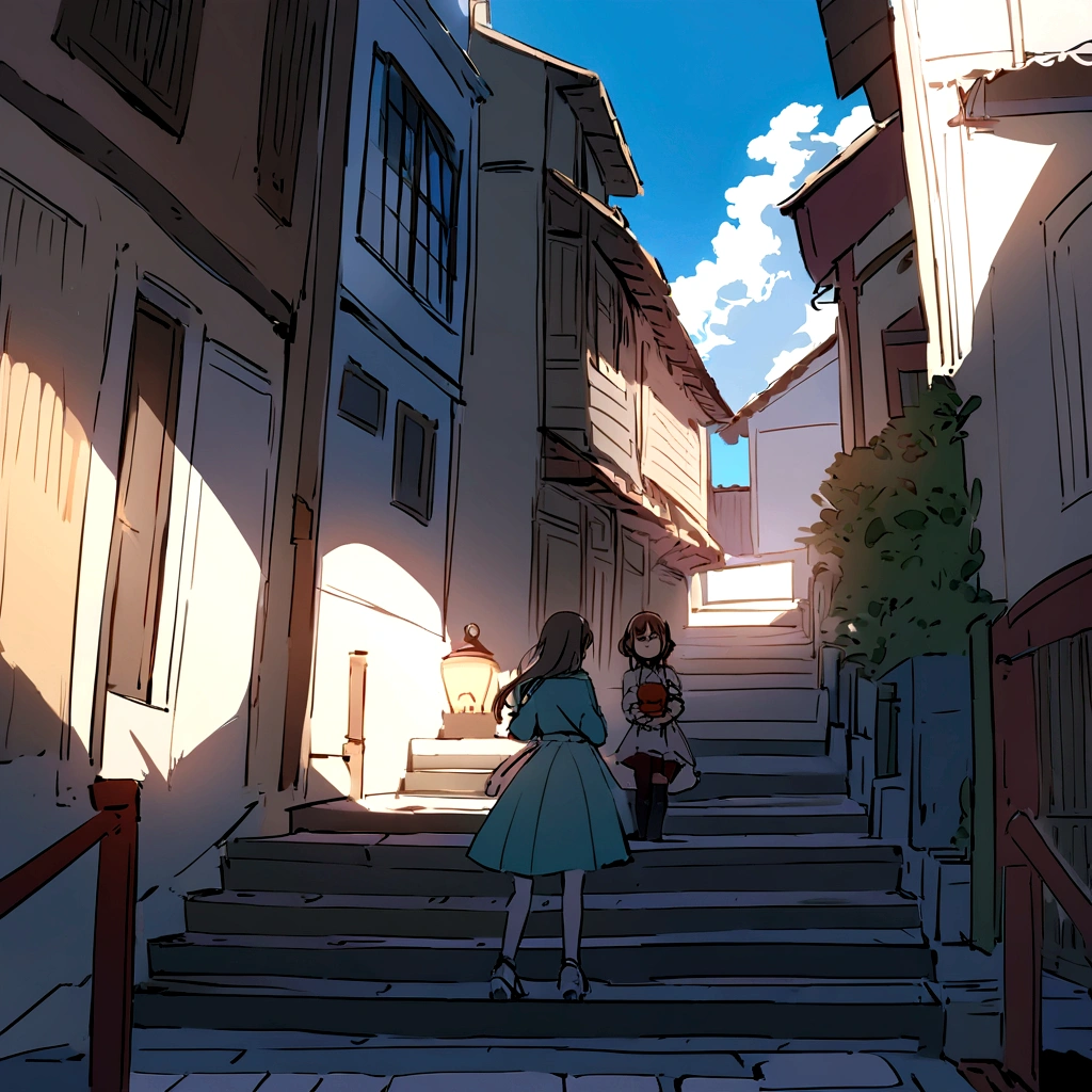 A couple who haven&#39;t seen each other for years meet on the street.，The style is Makoto Shinkai&#39;s《yourname》Memories flood my mind，His face was filled with emotion I hadn&#39;t seen in years.。。。。。。，take the letter literally，Graceful features，Delicate face，Blue sky and white clouds，See what&#39;s on the other side of the road or stairs