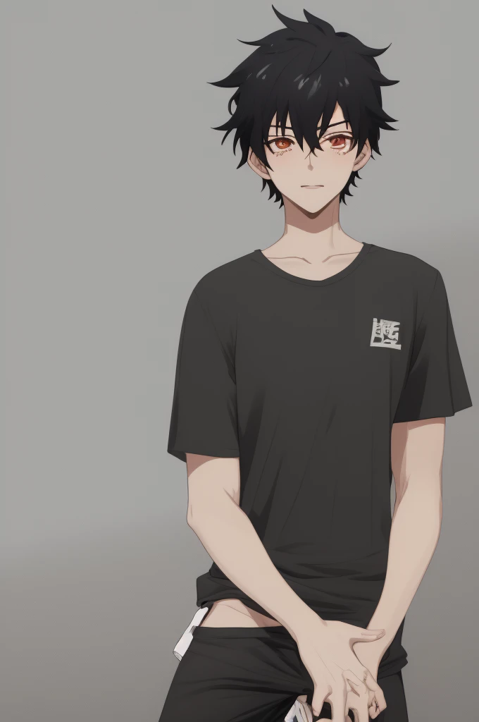 a anime boy with balck hair, and wearing a gray t-shirt and black touser and a red head set on his neck