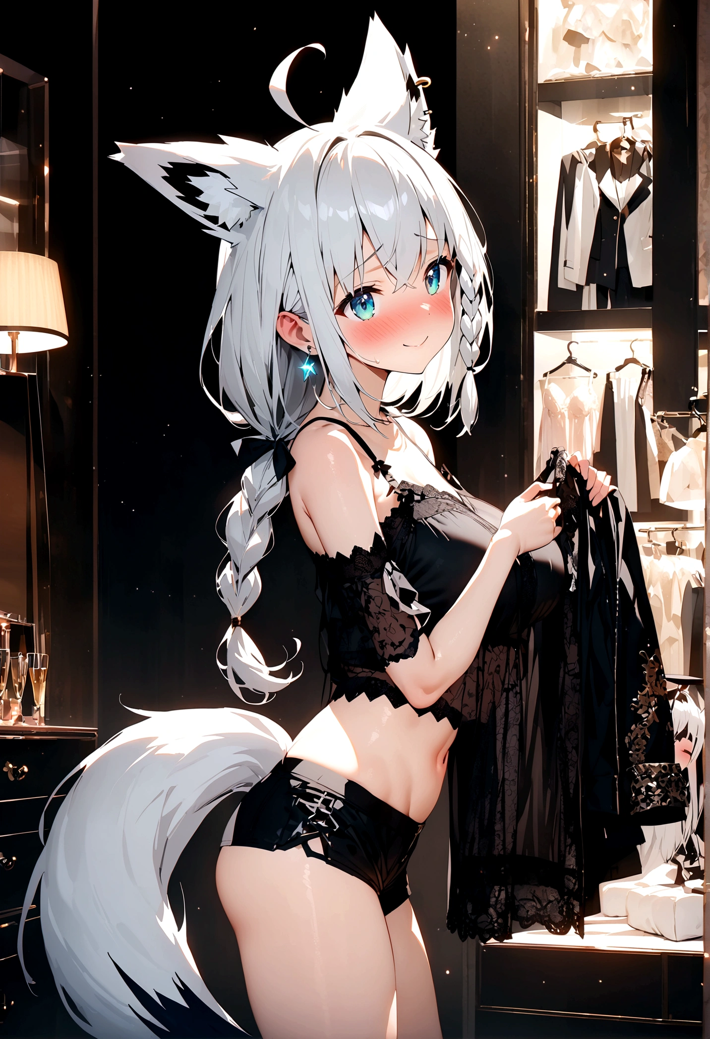 NSFW,masterpiece,Highest quality,High resolution,Super detailed,Shirakami Fubuki\(Hololive\),Gray Hair、One-sided braid、Ahoge、Earrings,Fox ears,Fox tail,Jacket,Crop top shirt,Shorts,Embarrassed,blush,Expecting face,Seduce,smile,Lingerie Shop,Underwear section,Luxurious Room,From the side