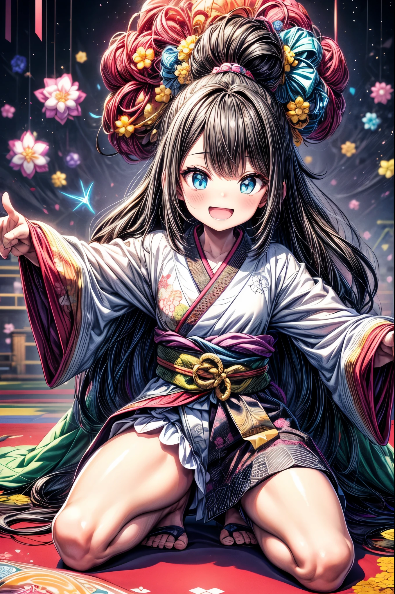 dynamic dancing moves with full of energy and movement, jumping high, full body portrait, happy expression, Japanese festival, with lively action poses, Positive Space, asymmetry, dynamic angle, A detailed illustration of an anime girl with blue eyes wearing a black kimono with Japanese patterns, wearing white cloak white shorts, black tube-top, She has white long hair tied back by a flower hair ornament, with colorful deep blue, black, pink, gold and white colors, surrounded by hexagons with various patterns and textures, Japanese Ancient bridge, happy expression, A black and white checkered pattern background surrounded by hexagons with various patterns in background, floral designs, and geometric shapes, In the background there are some sakura trees., cartoon character design, this is a full body portrait in vibrant colors, colorful illustrations, highly detailed, high resolution, in the style of digital painting, natural lighting,