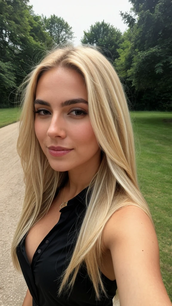A 23 year old blonde woman, ((breasts big)), ((Hyper-Realism)) ,. blonde hair with light blonde roots. hair blonde, Hair with blonde roots , extra long hair, pretty long hair, comely, from front view, Selfie, Photo taken with iPhone, elegant black shirt with neckline, low cut, Selfie no jardim, high qualiy, Selfie iPhone, neckleace, Full-body image