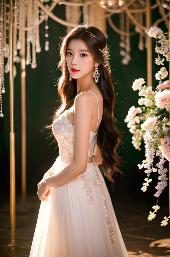 Generate an image of an extraordinarily beautiful 20-year-old Asian woman standing alone, whose beauty rivals that of a goddess of the fire element. She has large brown eyes, dark brown hair, glowing skin, and a captivating appearance. She is wearing a stunning white wedding dress that accentuates her elegance. The woman stands charmingly alone, her beauty appearing as if blessed by nature, in a very romantic and lovely aisle adorned with flowers and soft lighting, exuding a magical and serene atmosphere.