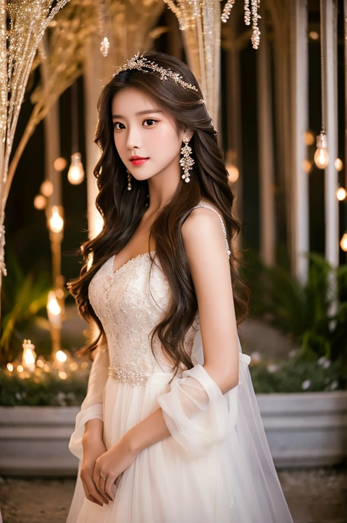 Generate an image of an extraordinarily beautiful 20-year-old Asian woman standing alone, whose beauty rivals that of a goddess of the fire element. She has large brown eyes, dark brown hair, glowing skin, and a captivating appearance. She is wearing a stunning white wedding dress that accentuates her elegance. The woman stands charmingly alone, her beauty appearing as if blessed by nature, in a very romantic and lovely aisle adorned with flowers and soft lighting, exuding a magical and serene atmosphere.