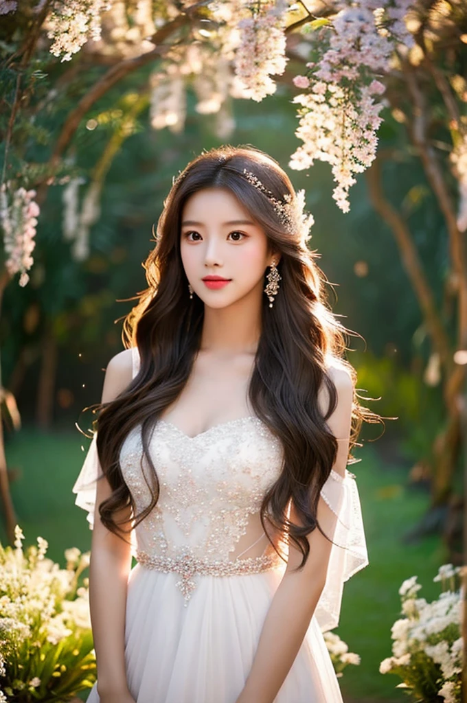 Generate an image of an extraordinarily beautiful 20-year-old Asian woman standing alone, whose beauty rivals that of a goddess of the fire element. She has large brown eyes, dark brown hair, glowing skin, and a captivating appearance. She is wearing a stunning white wedding dress that accentuates her elegance. The woman stands charmingly alone, her beauty appearing as if blessed by nature, in a very romantic and lovely aisle adorned with flowers and soft lighting, exuding a magical and serene atmosphere.