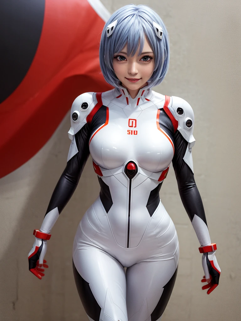 Masterpiece, highest quality, 8K, detailed skin texture, fine cloth texture, beautiful detailed face, intricate details, super detailed, portrait of Rei Ayanami, blue hair, red eyes, looking far away, no background, Evangelion Wearing a plug suit when riding, plug suit, whole body visible, standing, arms crossed, 15 years old, beautiful, cute, great style, smiling,composition that shows the whole body,