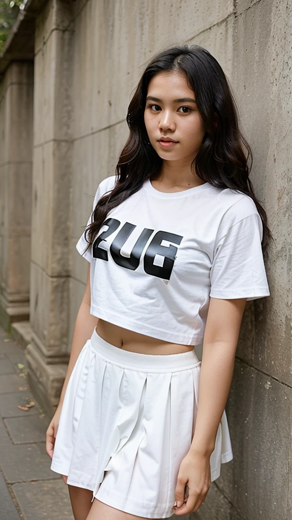 generate me a picture of a Cambodia women who 22 years old small waist and have a beautiful face and black curly hair and her weight is 48 kilogram wearing white gucci t shirt and short skirt