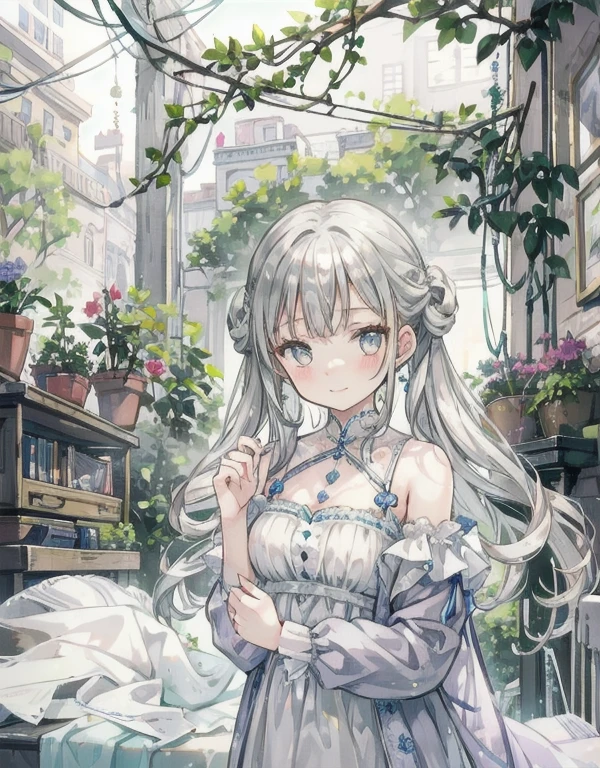 cinematic lighting, gentle smile, upturned cheeks, slightly shining silver gray hair, coquettish hair, half up do, silky luster, plants, flowers, spring ephemerals, 1girl, solo, 