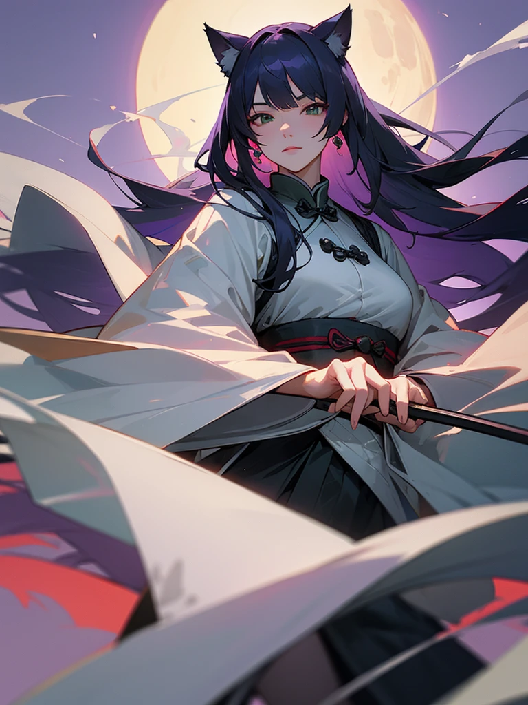 Masterpiece, Best, Night, Full Moon, 1 Female, Mature Woman, Chinese Style, Ancient China, Elder Sister, Royal Sister, Cold Face, Expressionless, purple Long Haired Woman, Light Pink Lips, Calm, Intellectual, Three Bangs, Gray Hitomi, Assassin, Long Sword, Swordsman, Fighting, Street View, Facial Details, green eyes, cat ears, high image quality, with her cat on background