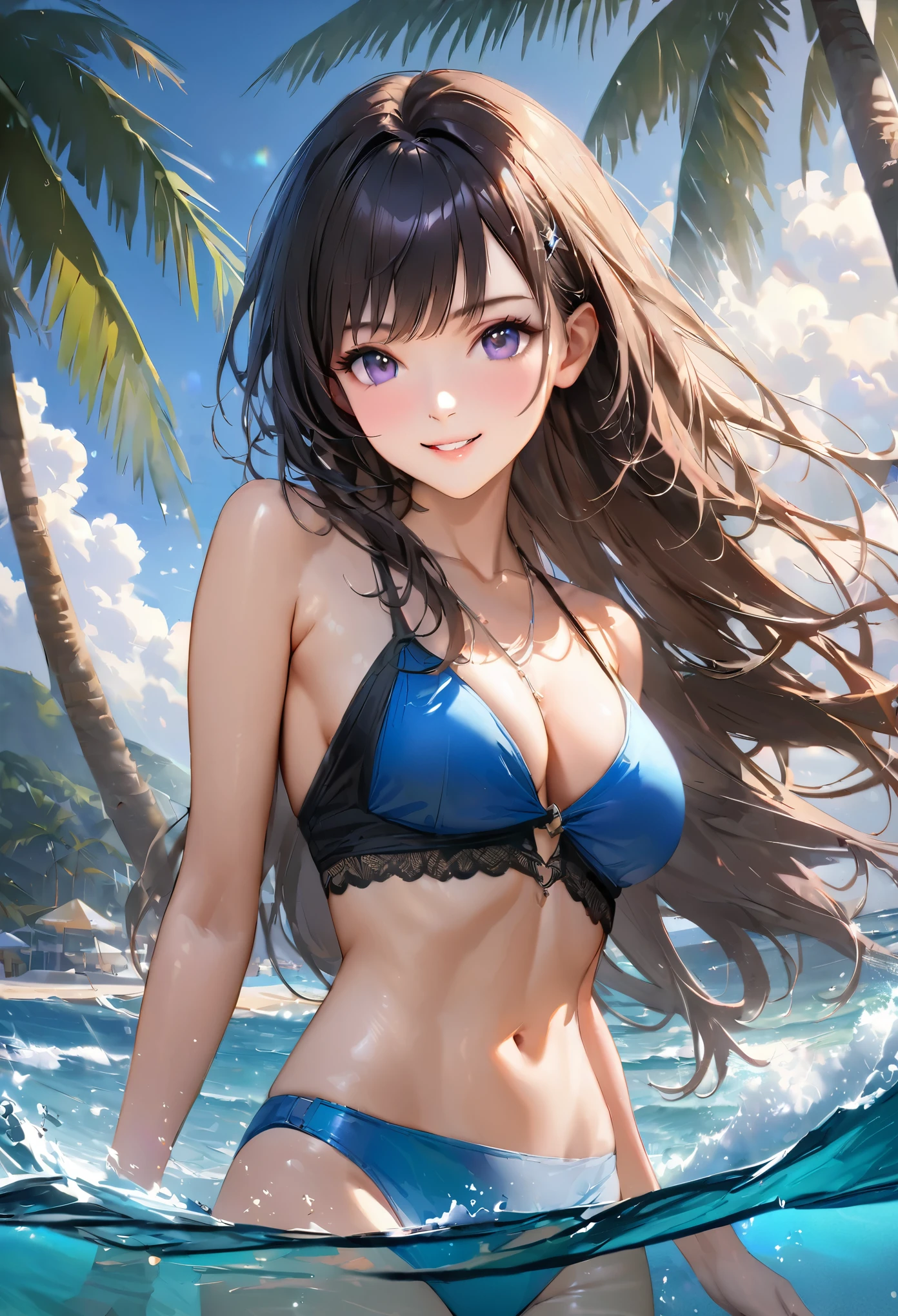 Sparkling sea and tropical ocean, A clear sky with fluffy white clouds, Palm trees along the coast, Blur the background,Pleasant sea breeze,Young woman with dark hair, Swimwear,smile,Glitter effect,Highest quality, 4K, 8K, High resolution, masterpiece:1.2, Very detailed, Realistic:1.37, High resolution, 超High resolution, Studio Lighting, Ultra-fine painting, Sharp focus, Physically Based Rendering, Very detailedな説明, Professional, Vibrant colors