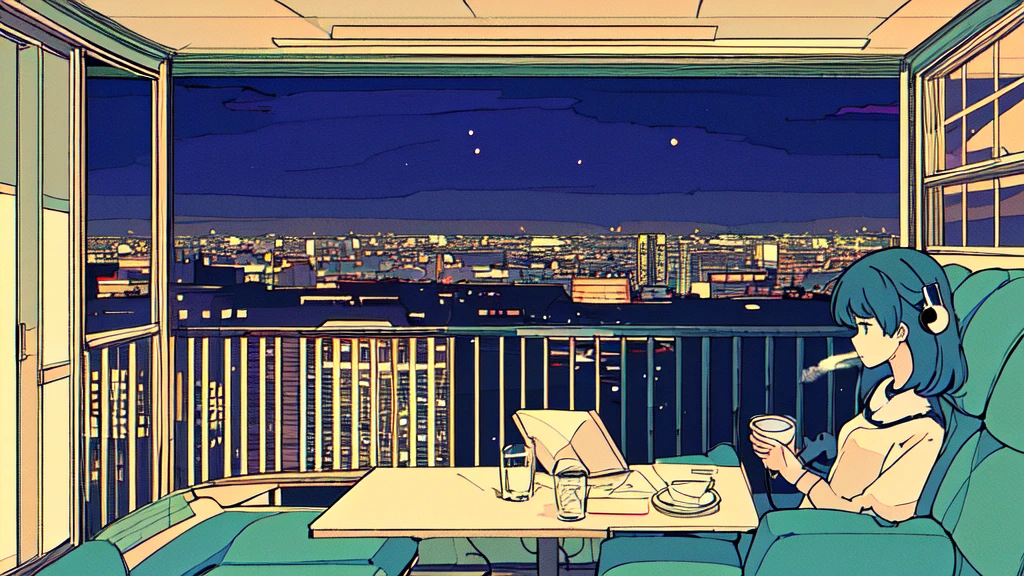 ultra wide angle, Girl drinking hot coffee while listening to jazz music with headphones, Looking at the night sky from the balcony, alone, classy girl, Lo-fi art style, classy girl aesthetic, Writer: Guyan, anime aesthetic, feeling relaxed, Lo-Fi illustration style