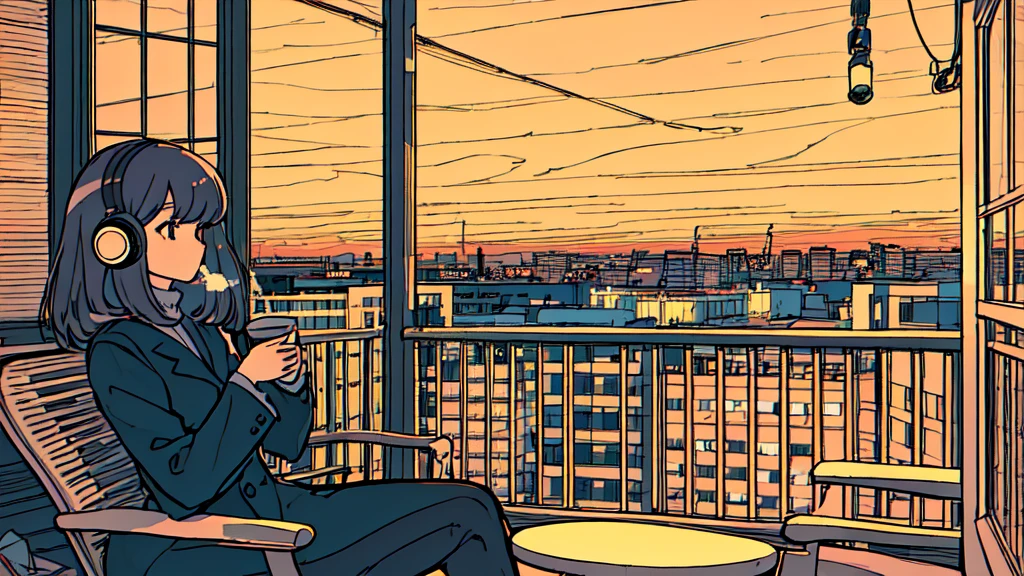 ultra wide angle, Girl drinking hot coffee while listening to jazz music with headphones, Looking at the night sky from the balcony, alone, classy girl, Lo-fi art style, classy girl aesthetic, Writer: Guyan, anime aesthetic, feeling relaxed, Lo-Fi illustration style