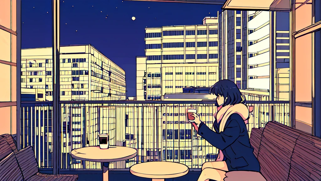 ultra wide angle, Girl drinking hot coffee while listening to jazz music with headphones, Looking at the night sky from the balcony, alone, classy girl, Lo-fi art style, classy girl aesthetic, Writer: Guyan, anime aesthetic, feeling relaxed, Lo-Fi illustration style