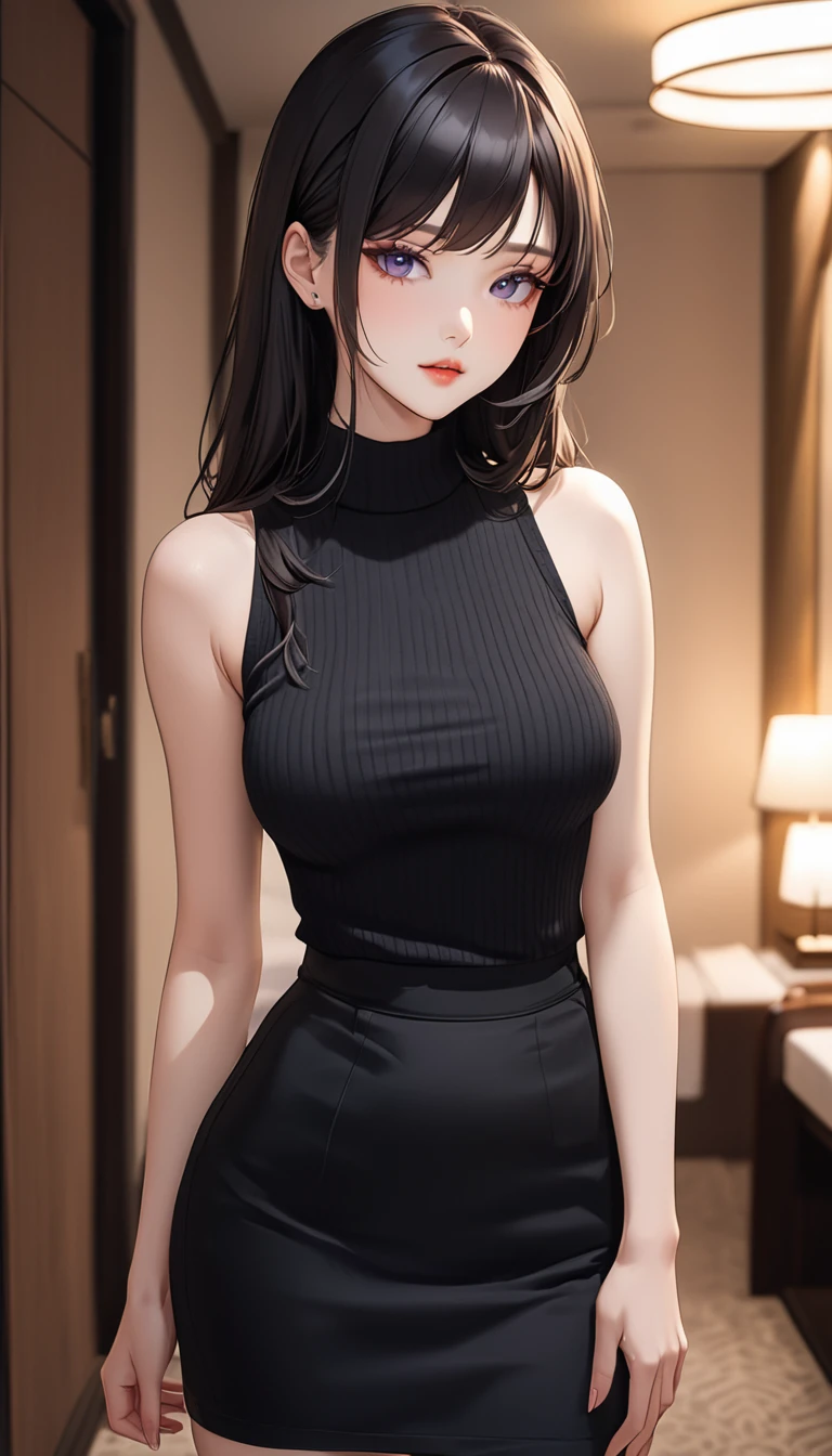 masterpiece, high resolution, beautiful woman, Korean Beauty, 30 years old, black sleeve less turtle neck, mini pencil skirt, beautiful woman, night hotel, looking at me, (high resolution face), (high resolution eyes), (high quality eyes), black hair, purple eyes, little curvy