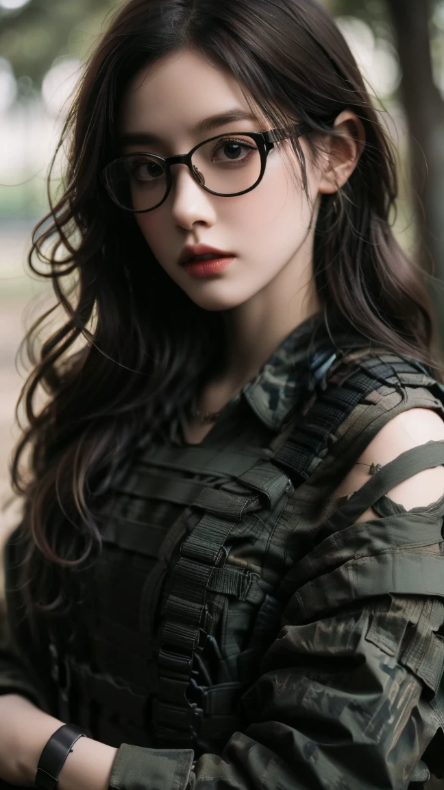 Punk girl with glasses and a black shirt, Blurred green grass and trees in the background々, Short brown hair, Detailed face, high quality, High resolution