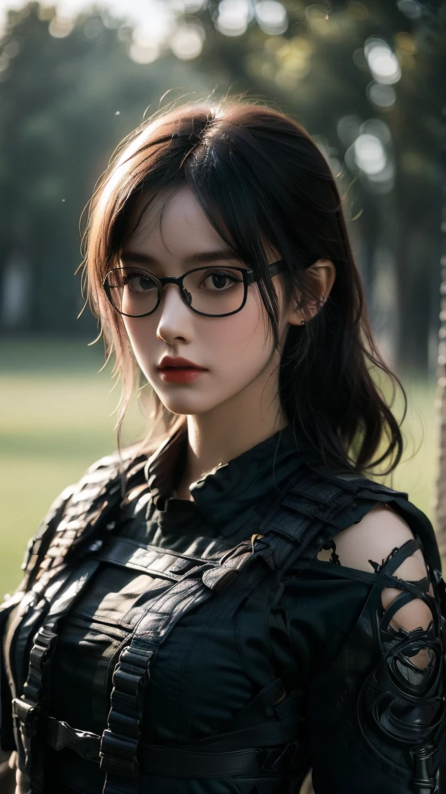 Punk girl with glasses and a black shirt, Blurred green grass and trees in the background々, Short brown hair, Detailed face, high quality, High resolution