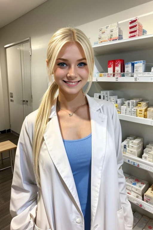 American white girl, blonde hair, blue eyes, A woman in a white coat working at a dispensing pharmacy。25 years old。Her hair is blonde in a ponytail.。