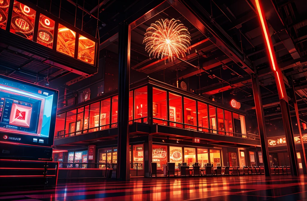red casino, night, downtown, HDR, 4k resolution, red moon, firework, modern architecture, slot machine, indoor