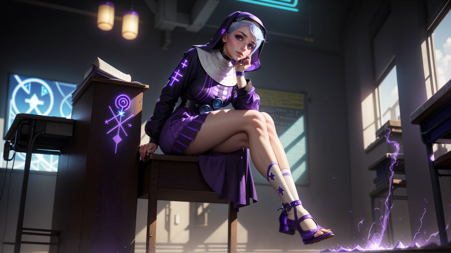 a beautiful woman, white hair with blue highlights, (((Full body))), Egirl makeup, ((White Hair with Blue Highlights)), hair accessories, shorth hair, cute face, face detailed, blue eyes, (((micro skirt))), (((Full Body, perfect hand, perfect face))), (((classroom, sitting))), cyberpunk, sitting, White hair, beautiful outfit, (((Purple, cyberpunk)))), animal ears, perfect face, Glowing Purple, GlowingRunes_purple, (((nun)))