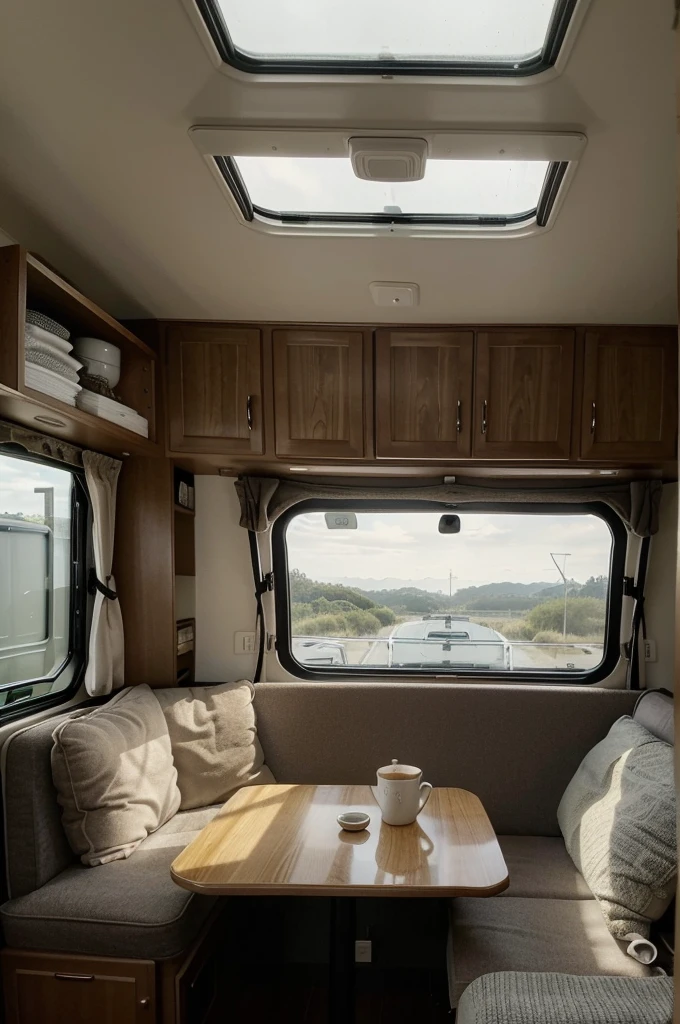 Inside the cozy camper,The whole space is compact and comfortable。There is a lazy little bed in the middle of the car,The bed is covered with soft sheets and blankets,A bright pillow rests on the head of the bed,Adds a touch of lively color。There is a large window directly above the bed.,Allow natural light to easily shine in。The windows are surrounded by small twinkling lights.,These lights extend along the edges of the windows and into the corners of the car.,Create a warm and romantic atmosphere at night。
The small kitchen on the left is not big.,But the facilities are complete。There is a small sink and a small gas stove.,Various cooking utensils and ingredients are neatly placed in the cabinet next to it.。There is also an exquisite coffee pot and several bags of handmade coffee beans on the kitchen counter.,You can brew a cup of fragrant coffee at any time。
The small dining table on the right is next to the bed.,A cup of freshly brewed coffee is placed on the table.,The aroma of coffee fills the air。There are two small comfortable seats next to the dining table,Perfect for one or two people to sit down and enjoy a meal or work。Small speaker placed on the corner of the table,Soft Lofi music slowly flows out of the speakers,Background music complements the warm atmosphere in the car,Relaxing and pleasurable。
The interior decoration of the entire camper is simple yet warm,The details are full of the breath of life。Whether enjoying natural light during the day,Or immerse yourself in the soft lights and music at night,This camper provides travelers with a comfortable、Cozy mobile home