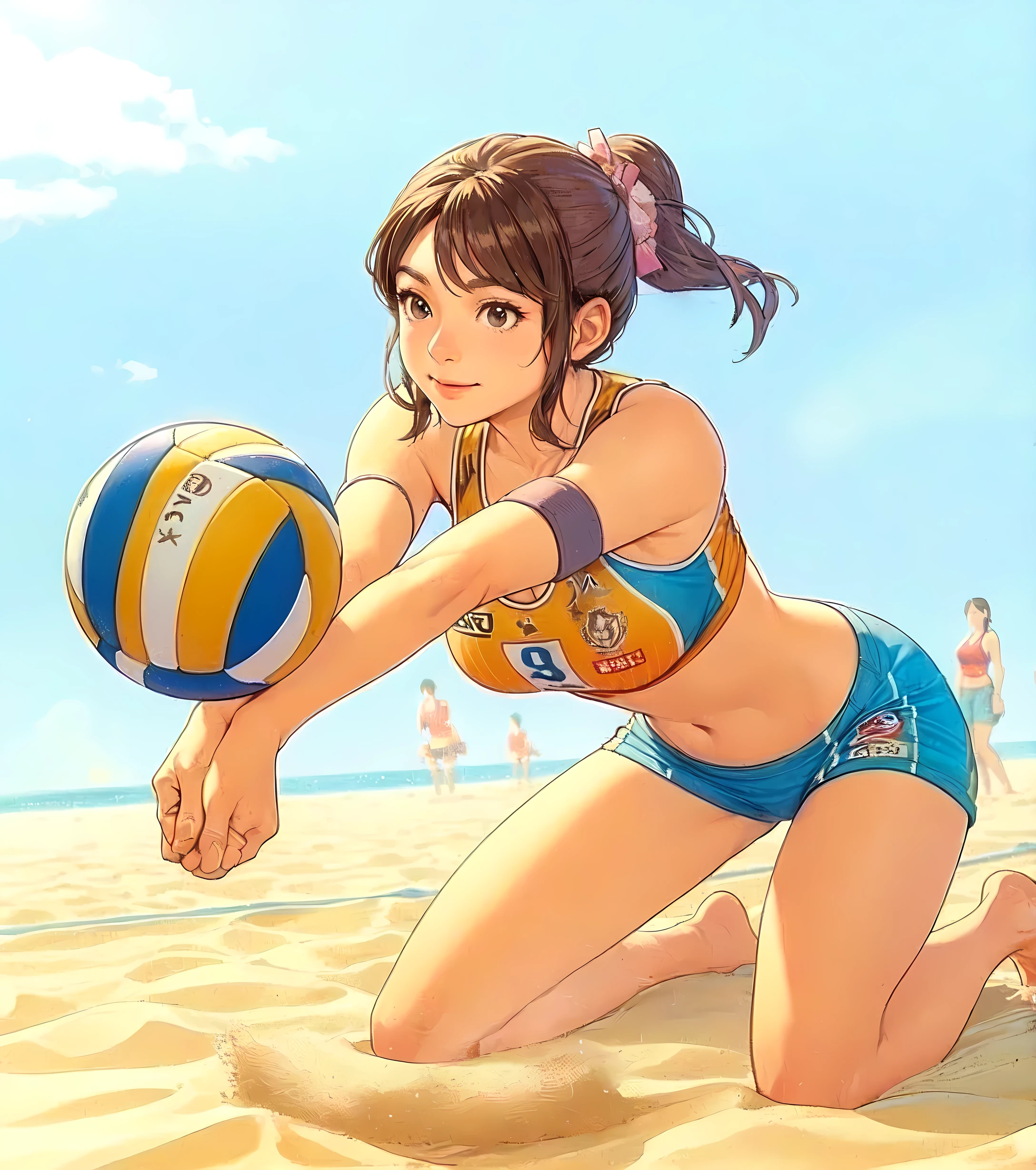 1lady solo, (jumping high) (right next to net), (looking up at ball), (swinging one arm to hit ball) spiking, (dynamic posing), (beach volleyball player), (uniform with company logo) cropped top, (mature female:0.8), /(black hair/) bangs, light smile, (teeth:0.8), (masterpiece best quality:1.2) delicate illustration ultra-detailed, medium breasts, (muscle:0.6) BREAK (sandy beach) outdoors, (beach volleyball court), (player's footprints), flying sand, blue sky, detailed background