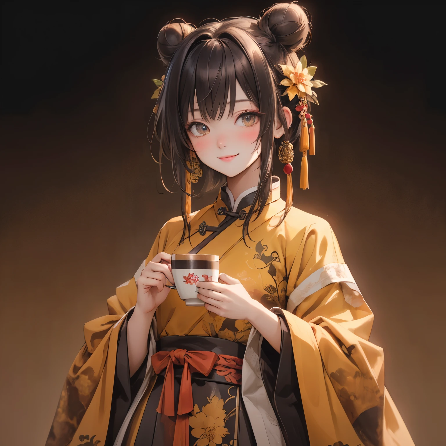 (masterpiece), Highest quality, Ultra-high resolution,Wearing an ochre ribbon、Ocher Hair、ocher eyes、Ocher clothes、(Hairstyle Chinese two buns:1.3)、Chinese clothing、Chinese tea、smile