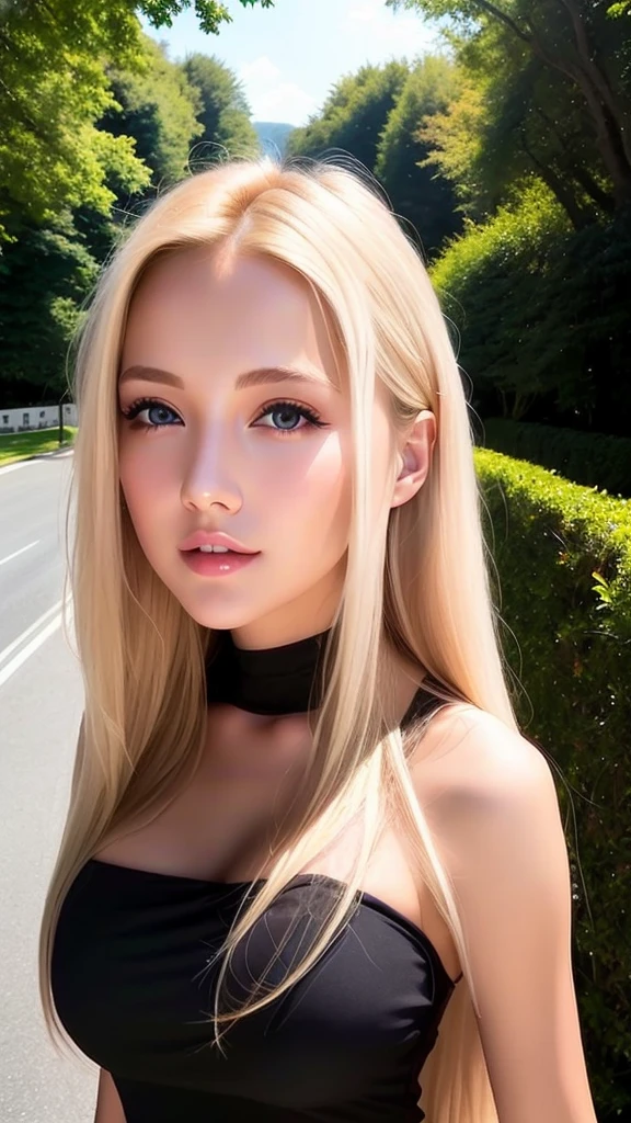 A 23 year old blonde woman, ((breasts big)), ((Hyper-Realism)) ,. blonde hair with light blonde roots. hair blonde, Hair with blonde roots , extra long hair, pretty long hair,  comely, from front view, Selfie, Photo taken with iPhone, elegant black shirt with neckline, low cut, Selfie no jardim, high qualiy, Selfie iPhone, neckleace, Full-body image
