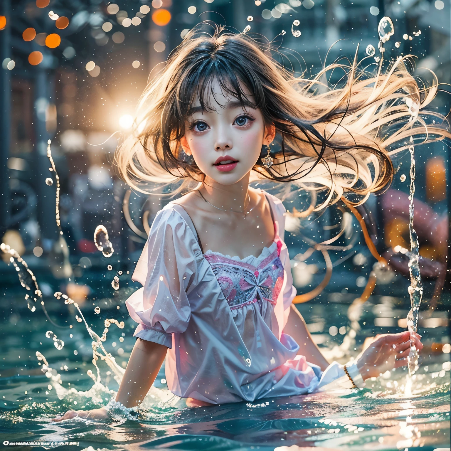 (8K TopQuality masterpiece: 1.2)(Realistic ProfessionalPhoto:1.37), VolumetricLighting. Tiny Girls, girl jumping into the water、Falling、splash water、shout、Luminous water surface、White and Bright colors, back lighting, Radiant PearlSkin, sparkling highlights, Detailed KAWAII face with cute lips, long eyelashes, Delicate clothes, Detailed open crotch