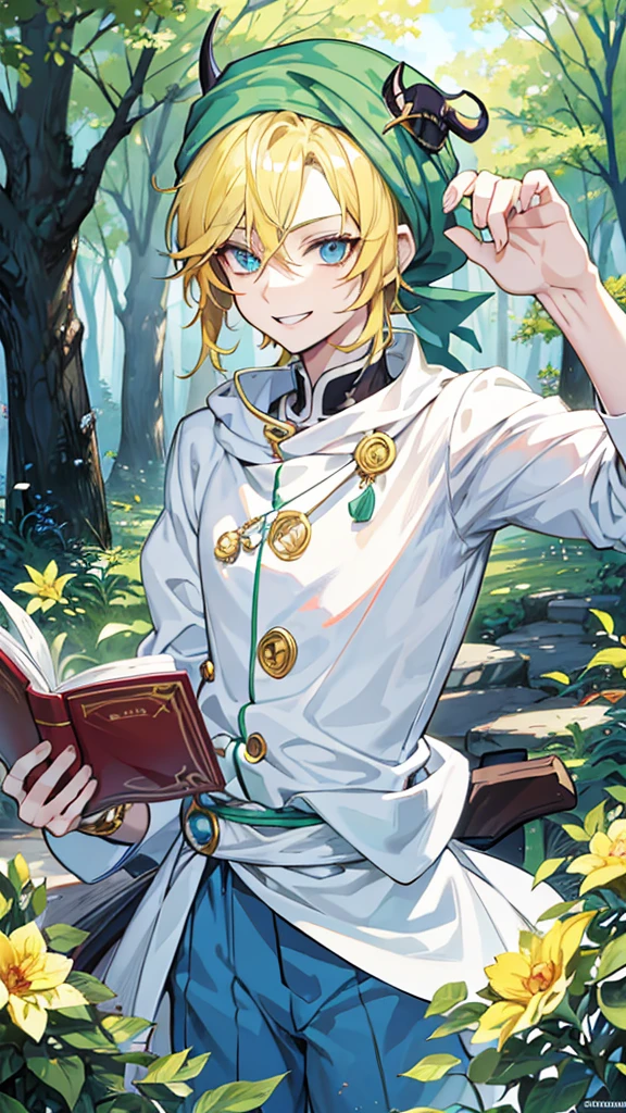 Anime boy with a book in his hand and wearing a hat, Handsome blond-haired man in demon-slaying art, green turban ,smile at the corner of the mouth , แฟนอาร์ต Demon Slayer Rui, official art, Delicate Androgynous Prince, Tall anime guy with blue eyes., Demon Slayer art style, anime moe art style, anime boy, beautiful androgynous prince, As an anime character, anime boy, Rei Hiroe