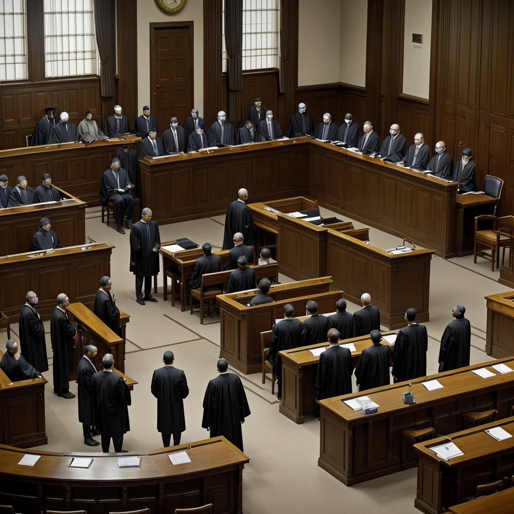 ((Masterpeice, 8k, hyper-realism, highest quality) image depicting the sham trial following the assassination of President Laurent-Désiré Kabila. The courtroom is filled with over 100 defendants, most of whom look fearful and dejected, facing vague charges and death sentences. The scene should emphasize the oppressive and unjust atmosphere, with the prosecution aggressively presenting their case, determined to convict as many as possible, regardless of the evidence."

Prompt Details Breakdown:
Setting:

Courtroom Interior:
A large, austere courtroom with a high ceiling, conveying a sense of authority and oppression.
Rows of defendants seated closely together, with guards standing watch.
Time of Day:
Midday, with harsh overhead lighting casting stark shadows, adding to the grim atmosphere.
Main Subjects:

Defendants:
A diverse group of over 100 individuals, many looking fearful, exhausted, and dejected.
Clothed in simple, tattered garments, reflecting their prolonged detention and harsh treatment.
Some whispering to each other, others looking resigned or staring blankly ahead.
Prosecution Team:
Positioned prominently at the front, presenting their case with aggressive and determined expressions.
Led by a stern-faced prosecutor, flanked by assistants, all exuding a sense of ruthless determination to secure convictions.
Judges:
Presiding over the court from a raised platform, with stern and indifferent expressions, indicating their complicity in the sham trial.
Clad in traditional judicial robes, adding to the formal and oppressive atmosphere.
Additional Elements:

Guards and Security:
Armed guards standing at intervals around the courtroom, maintaining a strict and intimidating presence.
Possibly leading some defendants into the court or standing watch over them.
Courtroom Decor:
Dark wood paneling, high ceilings, and large windows with blinds, giving the room a solemn and oppressive feel))