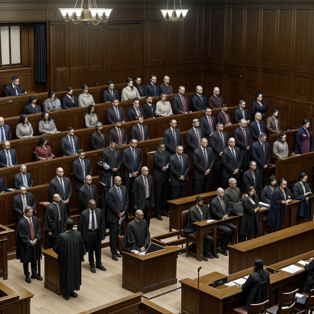 ((Masterpeice, 8k, hyper-realism, highest quality) image depicting the sham trial following the assassination of President Laurent-Désiré Kabila. The courtroom is filled with over 100 defendants, most of whom look fearful and dejected, facing vague charges and death sentences. The scene should emphasize the oppressive and unjust atmosphere, with the prosecution aggressively presenting their case, determined to convict as many as possible, regardless of the evidence."

Prompt Details Breakdown:
Setting:

Courtroom Interior:
A large, austere courtroom with a high ceiling, conveying a sense of authority and oppression.
Rows of defendants seated closely together, with guards standing watch.
Time of Day:
Midday, with harsh overhead lighting casting stark shadows, adding to the grim atmosphere.
Main Subjects:

Defendants:
A diverse group of over 100 individuals, many looking fearful, exhausted, and dejected.
Clothed in simple, tattered garments, reflecting their prolonged detention and harsh treatment.
Some whispering to each other, others looking resigned or staring blankly ahead.
Prosecution Team:
Positioned prominently at the front, presenting their case with aggressive and determined expressions.
Led by a stern-faced prosecutor, flanked by assistants, all exuding a sense of ruthless determination to secure convictions.
Judges:
Presiding over the court from a raised platform, with stern and indifferent expressions, indicating their complicity in the sham trial.
Clad in traditional judicial robes, adding to the formal and oppressive atmosphere.
Additional Elements:

Guards and Security:
Armed guards standing at intervals around the courtroom, maintaining a strict and intimidating presence.
Possibly leading some defendants into the court or standing watch over them.
Courtroom Decor:
Dark wood paneling, high ceilings, and large windows with blinds, giving the room a solemn and oppressive feel))