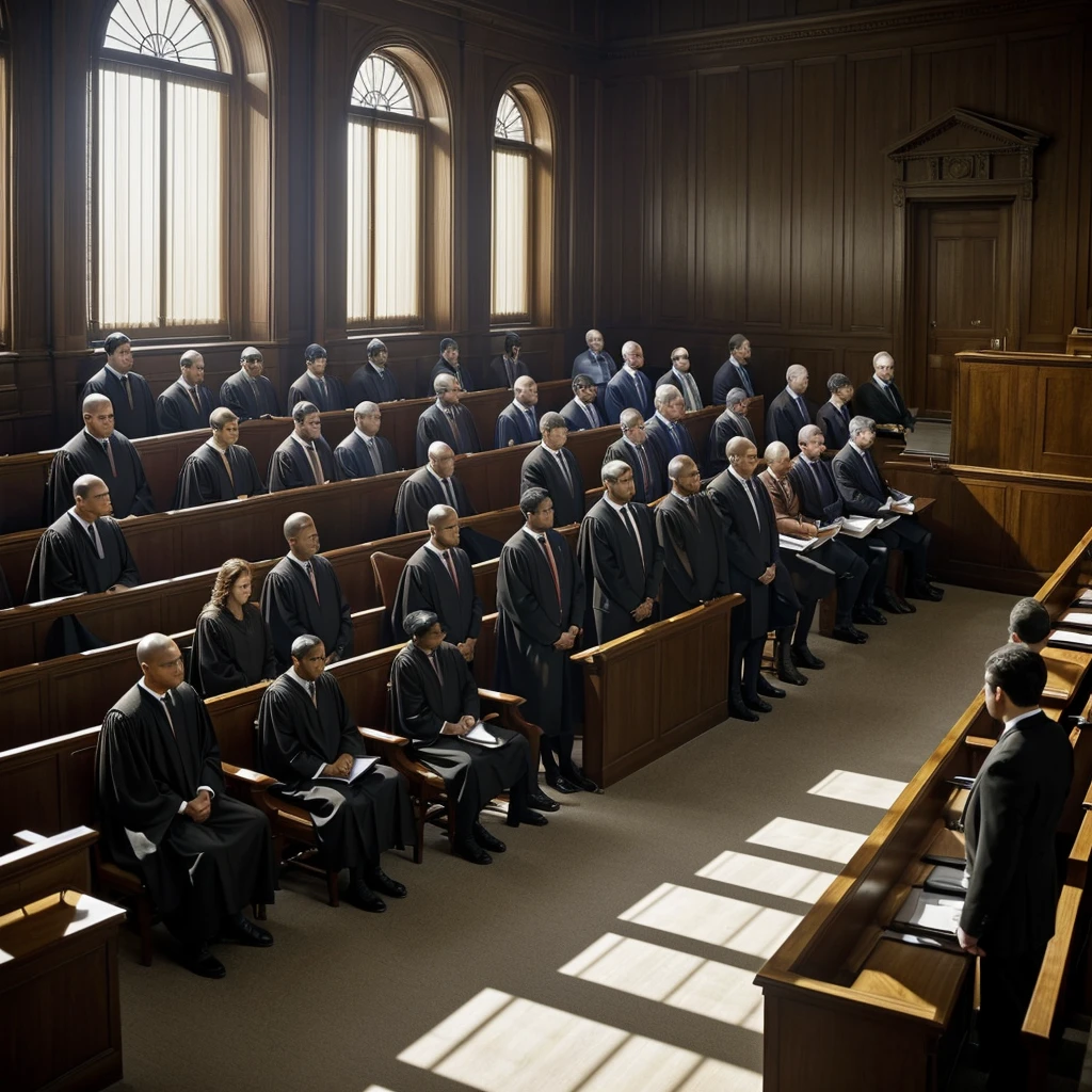 ((Masterpeice, 8k, hyper-realism, highest quality) image depicting the sham trial following the assassination of President Laurent-Désiré Kabila. The courtroom is filled with over 100 defendants, most of whom look fearful and dejected, facing vague charges and death sentences. The scene should emphasize the oppressive and unjust atmosphere, with the prosecution aggressively presenting their case, determined to convict as many as possible, regardless of the evidence."

Prompt Details Breakdown:
Setting:

Courtroom Interior:
A large, austere courtroom with a high ceiling, conveying a sense of authority and oppression.
Rows of defendants seated closely together, with guards standing watch.
Time of Day:
Midday, with harsh overhead lighting casting stark shadows, adding to the grim atmosphere.
Main Subjects:

Defendants:
A diverse group of over 100 individuals, many looking fearful, exhausted, and dejected.
Clothed in simple, tattered garments, reflecting their prolonged detention and harsh treatment.
Some whispering to each other, others looking resigned or staring blankly ahead.
Prosecution Team:
Positioned prominently at the front, presenting their case with aggressive and determined expressions.
Led by a stern-faced prosecutor, flanked by assistants, all exuding a sense of ruthless determination to secure convictions.
Judges:
Presiding over the court from a raised platform, with stern and indifferent expressions, indicating their complicity in the sham trial.
Clad in traditional judicial robes, adding to the formal and oppressive atmosphere.
Additional Elements:

Guards and Security:
Armed guards standing at intervals around the courtroom, maintaining a strict and intimidating presence.
Possibly leading some defendants into the court or standing watch over them.
Courtroom Decor:
Dark wood paneling, high ceilings, and large windows with blinds, giving the room a solemn and oppressive feel))