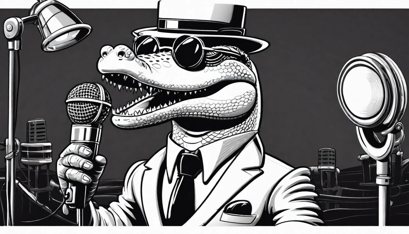 Cartoon style
crocodile sings a song into a microphone.
he wears sunglasses.
monochrome
The microphone is a large retro one and a stand type
Put on your sunglasses
Small top hat